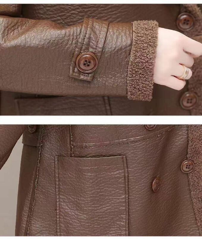 Damski kurtka ze skóry sztucznej 2023 jesienno-zimowy ciepły płaszcz z owczej wełny damski dwustronny płaszcz luźna, skórzana nieformalne okrycie wierzchnie