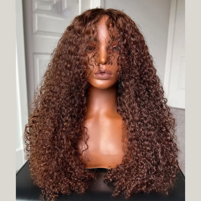 Long Brown 180Density 26“ Soft Glueless Kinky Curly Machine Wig with Bangs For Women BabyHair Preplucked Heat Resistant