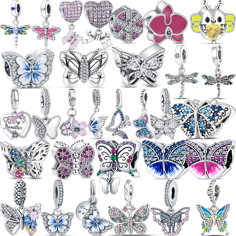 Bracelet à breloques Pandora original, argent 925, libellule, papillon, pilier, nœud papillon, cœur, perles exquises, bijoux à bricoler soi-même