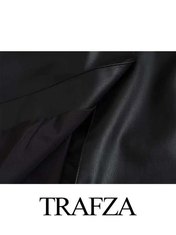 TRAFZA New Winter Fall Women Long sleeves lapel Coat Black fashionable chic imitation Official artificial leather coat jacket