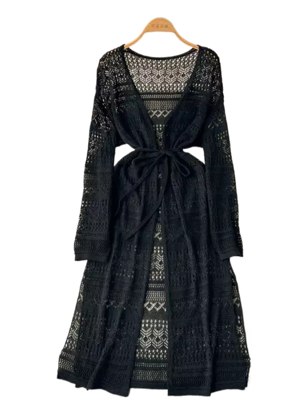 Женский модный повседневный летний Кардиган с длинным рукавом, ажурное тонкое длинное вязаное платье, нижнее белье