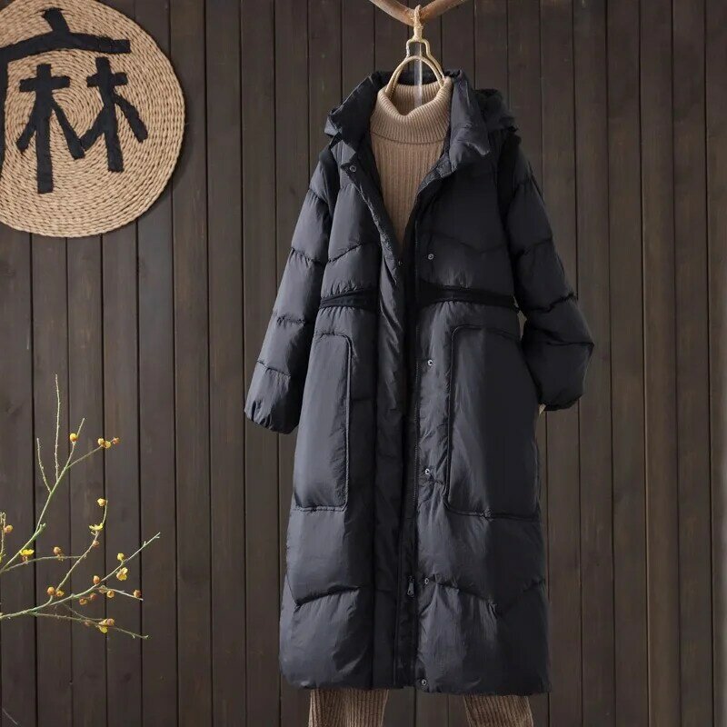 Hooded thickens long down jacket autumn and winter new warm loose coat