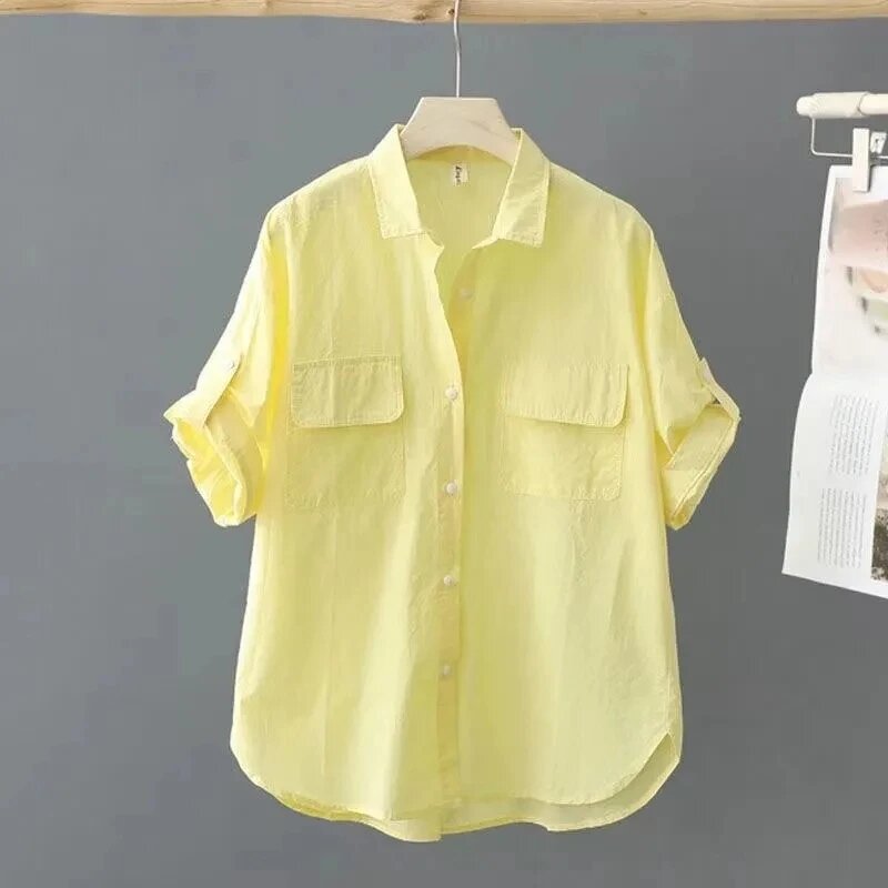 قميص بأكمام قصيرة من القطن الخالص للنساء ، قمصان بصف صدر واحد ، بلوزة فضفاضة للسيدات ، أحادية اللون ، جديدة للصيف ، من القطن الخالص
