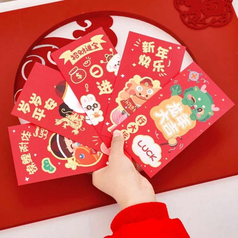 漫画のドラゴン年の赤い封筒,3Dデザイン,新年のパケット,かわいいバッグ,子供へのギフト,5個/セット
