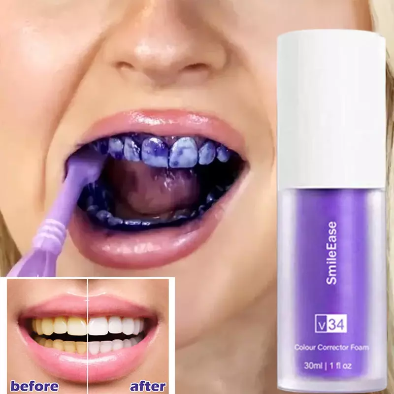 Pasta de dientes púrpura, Corrector de color para blanquear los dientes, elimina las manchas, aliento fresco, cuidado Dental profesional