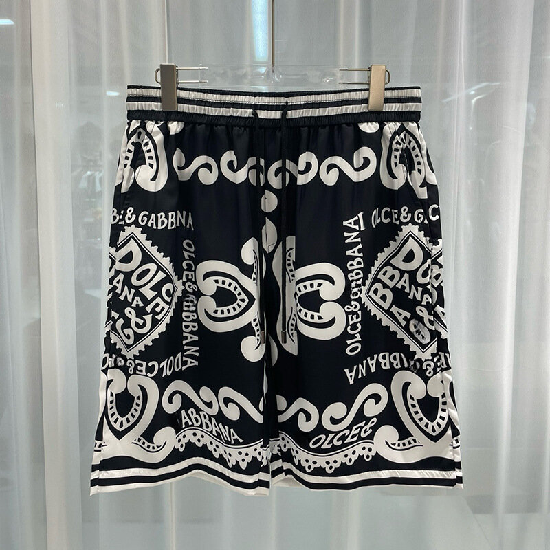 Shorts e camisa de praia masculina, estampa com letras preto e branco, camisas de seda vintage manga curta, alta qualidade, verão, 2024