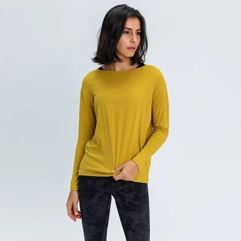 レモン-女性の長袖ルーズ通気性Tシャツ、スポーツの回転Tシャツ、吸湿発散性のあるアスレチックシャツ、裾トンニックトップ