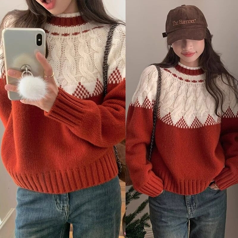 New Year Popular Contrast Red Twisted Pullovers Female Merry Christmas High-grade Sense Beautiful Sweater Women's Clothing Top