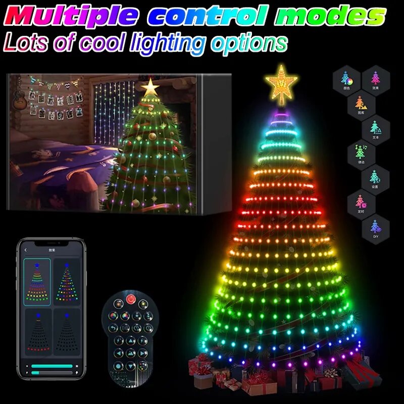 RGB Árvore de Natal Toppers Luzes, LED Fairy String Luzes, Bluetooth App, Multicolor Cachoeira, Lâmpadas DIY, Decoração Home Yard