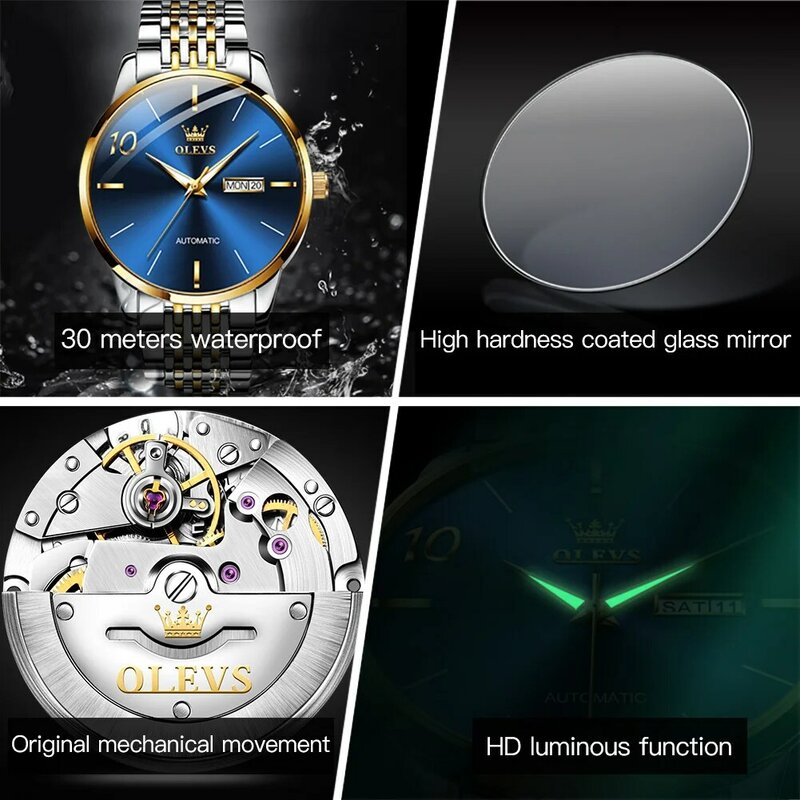 OLEVS-Couple relógios mecânicos automáticos, aço inoxidável, mostrador simples, impermeável, luminoso, data semana, luxo relógios de pulso