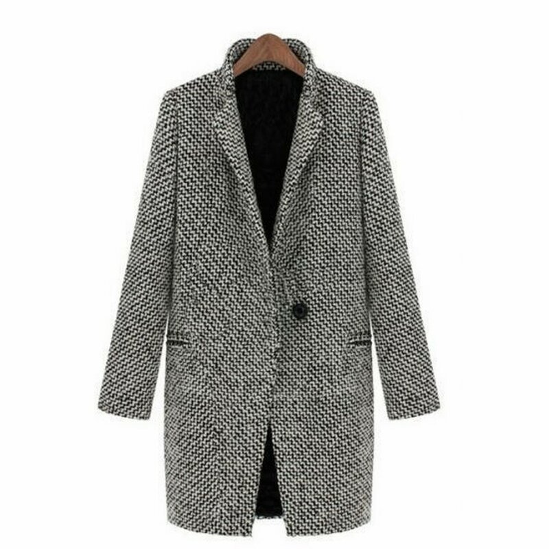 S-4XL Woman Winter Coats New Fashion Casual Long Sleeve Houndstooth Patchwork V-Neck Single Button Gray Autumn Outerwear Coat
