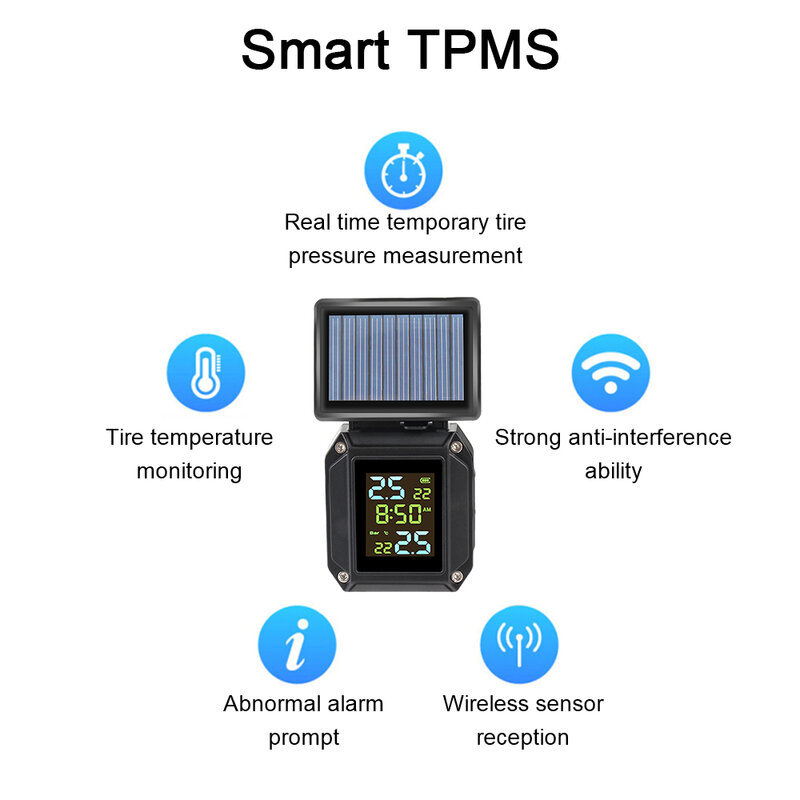 With Clock 0-6Bar Motorcycle Solor TPMS 2 Sensors Tire Pressure Monitoring System Tyre Tester Alarm Moto Accessories Universal