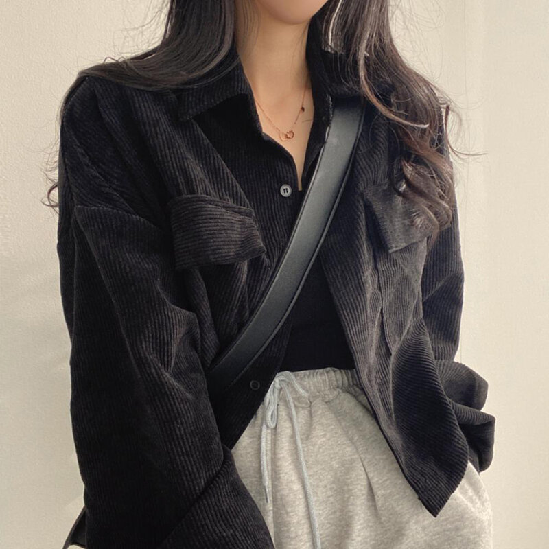 Corduroy Women Shirt Jacket Loose Korean Female Tops Vintage Casual Long Sleeve Blouses Autumn Outwear