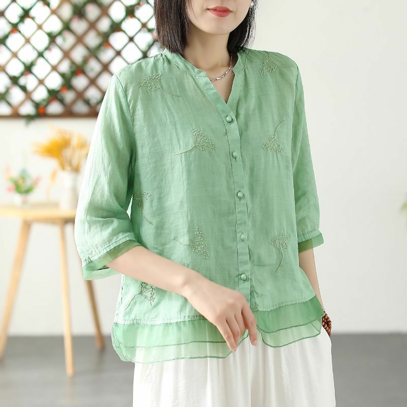 Blusa elegante de estilo chino para mujer, top de lino y algodón bordado, camisa cheongsam vintage, hanfu
