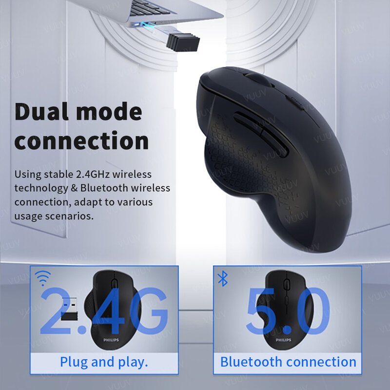 VUUV-ratón inalámbrico ergonómico para ordenador, periférico con Bluetooth, recargable, modo Dual, para IOS, Android y Tablet, Macbook, 1600DPI