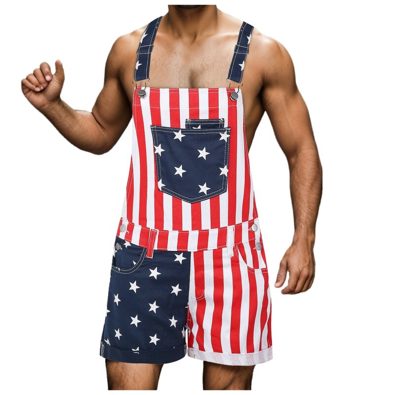 Letnia flaga amerykańska Męskie kombinezony z nadrukiem gwiazdy Damskie dżinsy Kombinezony Casual Lekkie spodenki Surpender Spodnie