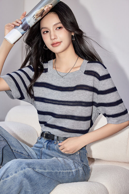 Miiiix koreańska modna w paski dziergany sweter 2024 damska letnia nowa T-shirt z krótkim rękawem z kwadratowym dekoltem