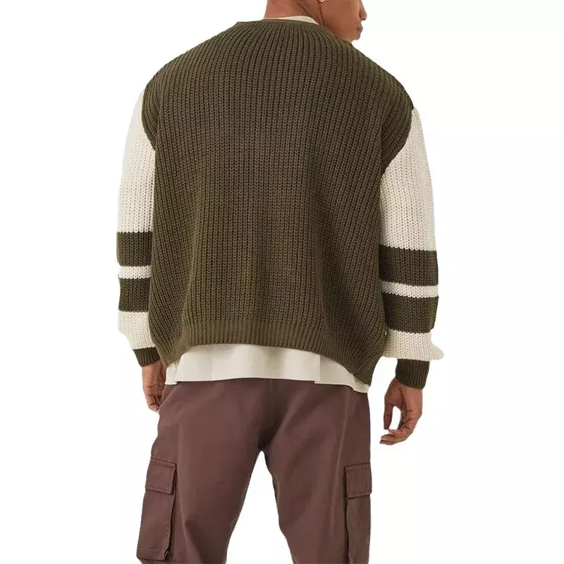 Suéter vintage retalhamento masculino, cardigã casual, peito único, jaqueta de malha gola V, suéteres de bloco colorido, moda outono e inverno