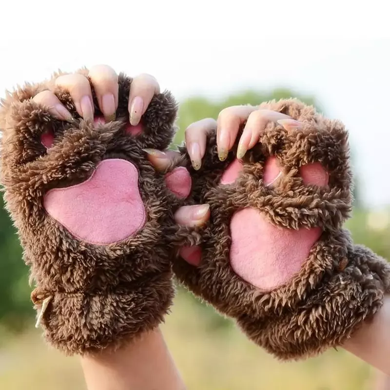 2024 damskie łapki kocie rękawiczki zimowe łapki rękawiczki krótkie półpalcowe rękawiczki pluszowe niedźwiedzie łapy pazur rękawiczki