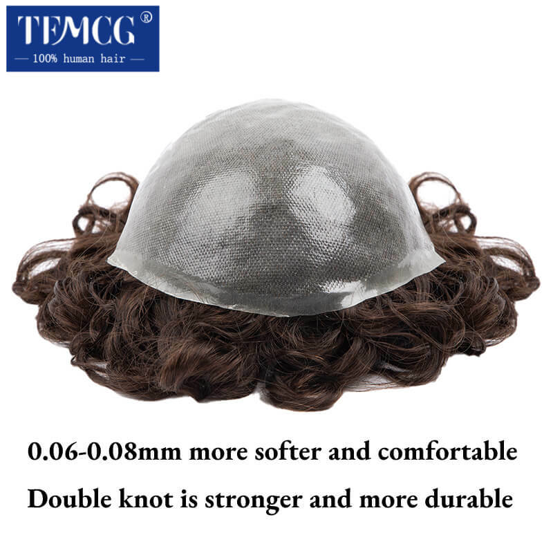 Rambut palsu keriting pria 0.06-0.08mm simpul tahan lama silikon kulit mikro wig pria untuk pria 100% Unit sistem rambut India