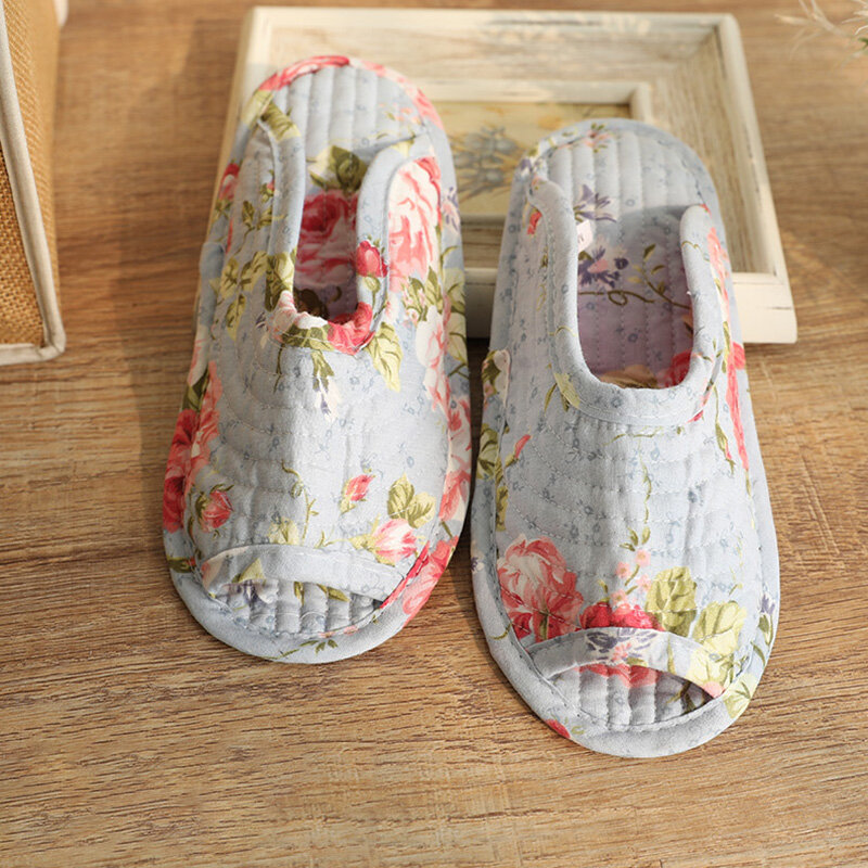 Sandal katun sol lembut, sandal nyaman, sandal katun rumah, sandal motif bunga, kain Pastoral, sandal hangat