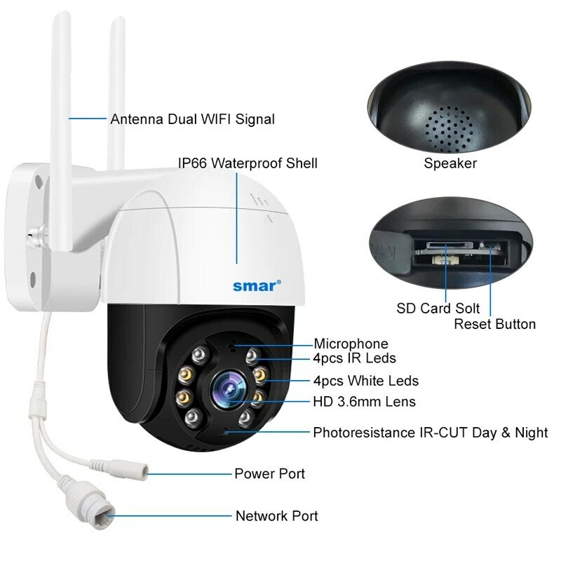 Smar-Outdoor PTZ IP Camera, Smart Color Night Vision, Auto Tracking, Vigilância de Segurança, Áudio Bidirecional, WiFi, 4K, 5MP, 3MP, 1080P