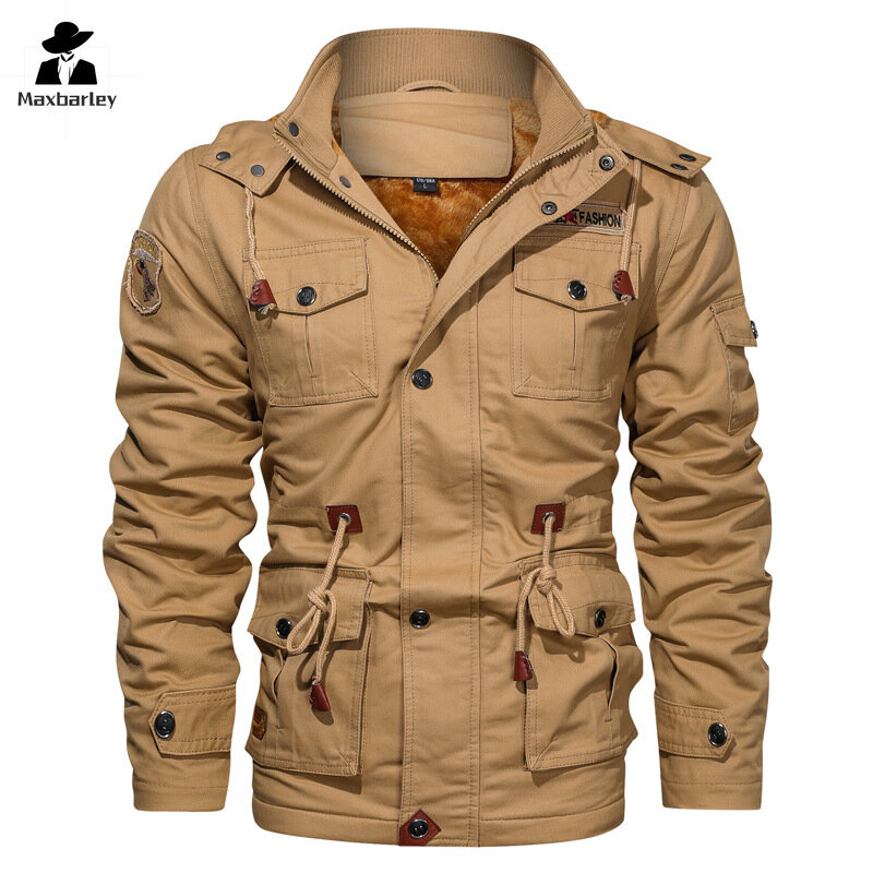 Зимняя мужская куртка на флисовой подкладке, плотное теплое ветрозащитное пальто средней длины на молнии с капюшоном, повседневная мужская парка, лыжная рубашка с несколькими карманами