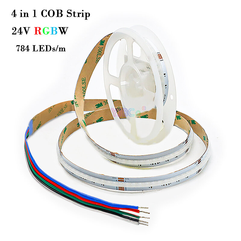 Bande lumineuse LED COB colorée, 24V, 5M, RGBW, 4 en 1, 784 gible/m, FCOB, lumière d'ambiance, haute luminosité, flexible, 12mm, PCB blanc