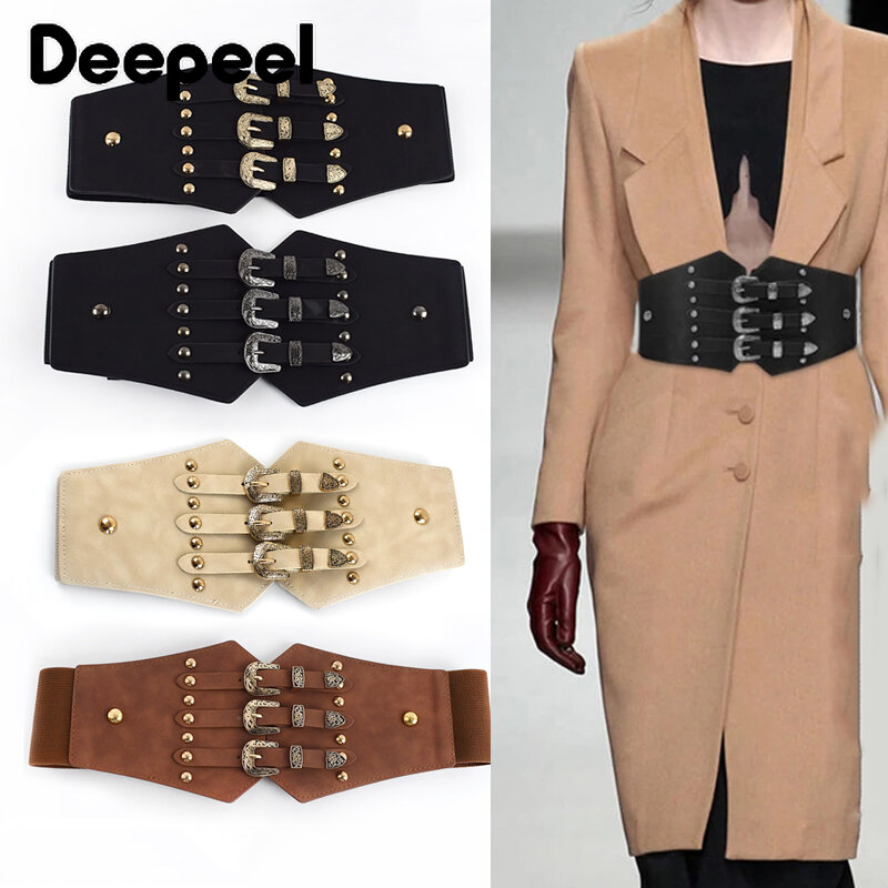 Deepeel 1pc 7.5*70cm Women Vintage Pin Buckle Leather Cummerbunds Fashion Decoration Corset DIY Crafts Luxury Elastic Wide Belt