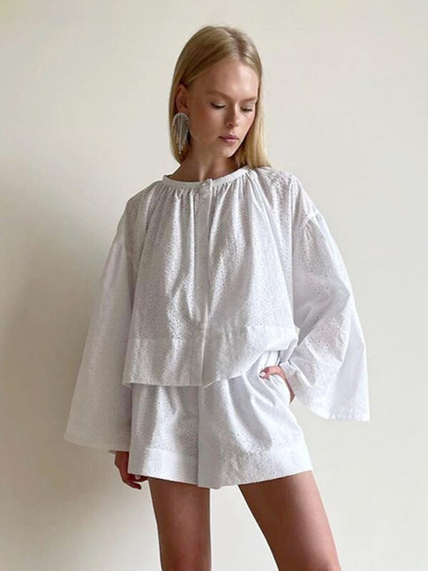 Marthaqiqi White Cotton Femme Sleepwear Suits O-Neck Nightgowns Long Sleeve Nightwear Shorts Loose Autumn Ladies Home Clothes