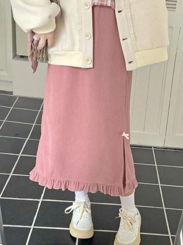 HOUZHOU-Falda larga de pana Rosa Kawaii para mujer, bonita Falda Midi recta de cintura alta con lazo dividido, moda japonesa, otoño