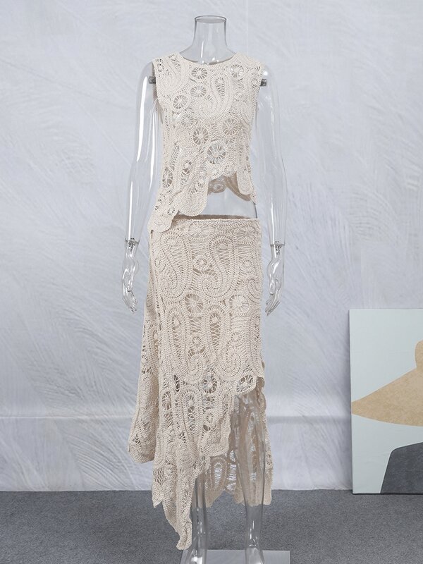 Häkeln gestrickt asymmetrische Damen kleid Set schick O-Ausschnitt ärmellose Top kurze Futter Rock Anzug 2023 Mode Fee süße Outfits