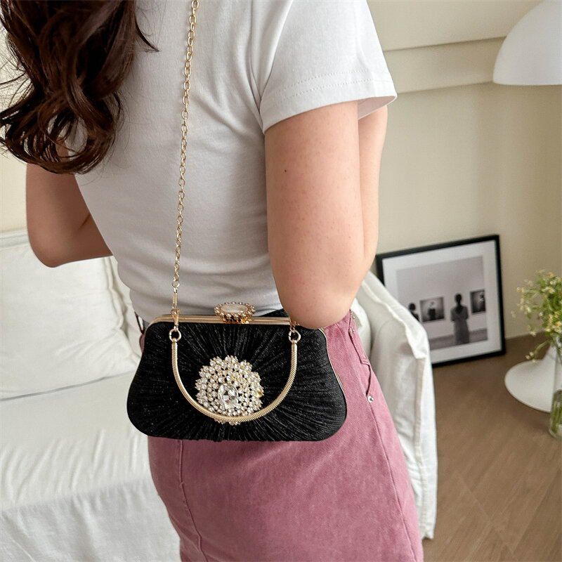 Mała śliczna PU skórzana torba na ramię torebki z łańcuszkiem projektant kobiet 2024 koreańska moda Party diamentowy wzór złota torba na ramię