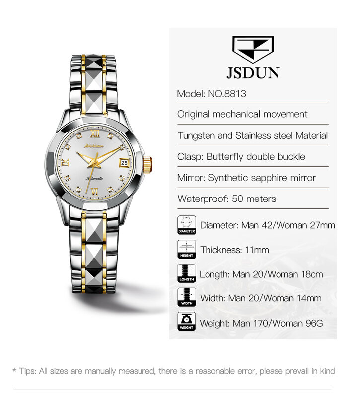 Jsdun Elegant Mechanisch Horloge Voor Vrouwen Luxe Merk Synthetische Saffier Wolfraam Stalen Band Horloges Automatische Datum Klok 8813