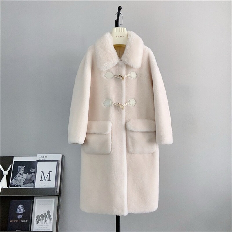 Chaqueta de lana de oveja para mujer, abrigo largo con cuello de cuerno y botón, cálido, otoño e invierno, PT438