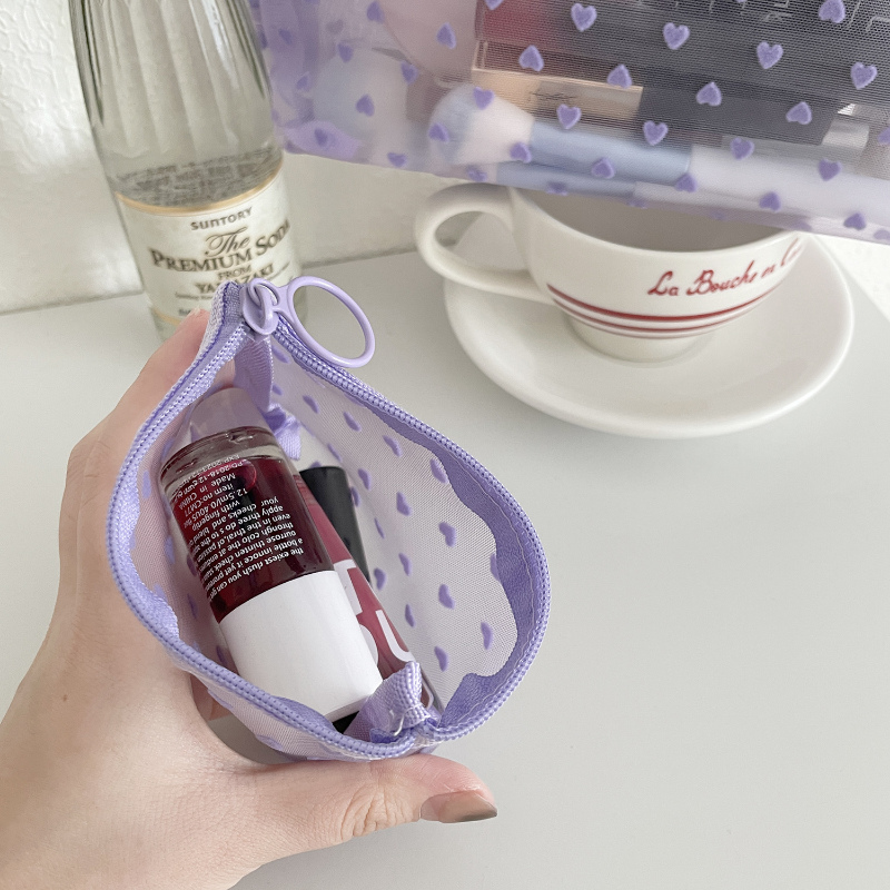 Trousse de maquillage en maille violette pour femme, trousse à crayons transparente avec fermeture éclair, trousse à crayons imprimée en forme de cœur, trousse de toilette de voyage mignonne