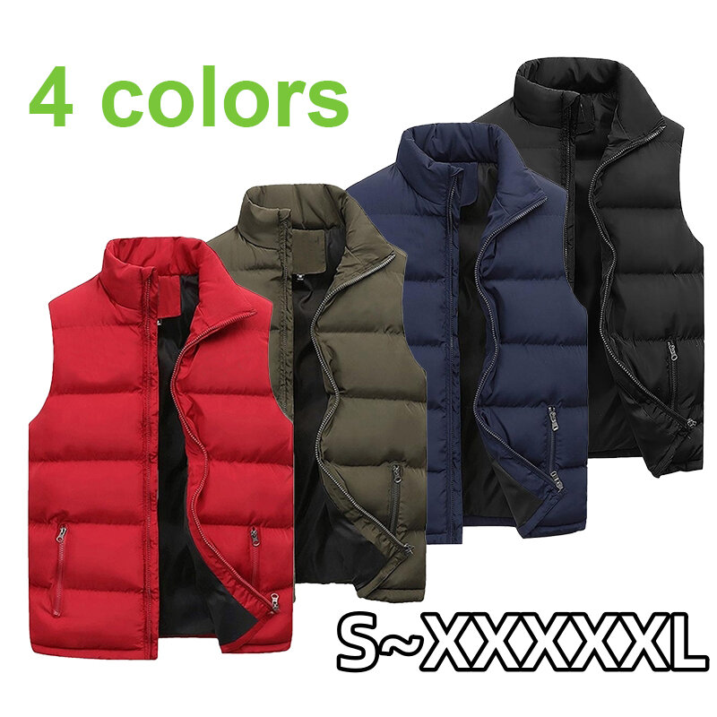 New Men's Fashion Tank Top Down Coat Trendy Sleeveless Jacket Thickened Standing Collar Solid Color Warm Zipper Tank Top