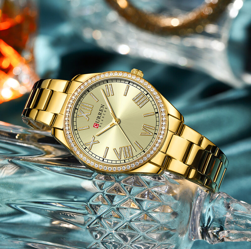 CURREN NEW Luxury Quartz Women's Bracelet Wristwatches with Rhinestone Dial Elegant Luminous Hands Stainless Steel Watches