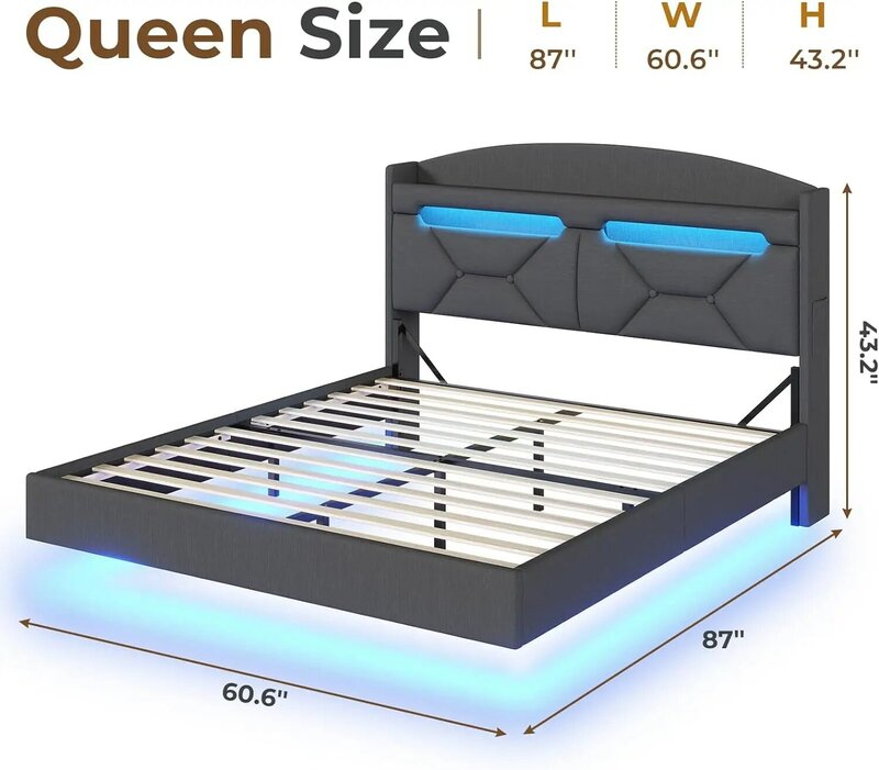 충전 스테이션이 있는 플로팅 침대 프레임, 보관 헤드보드가 있는 LED 침대 프레임, 선반이 있는 덮개를 씌운 플랫폼 퀸 침대