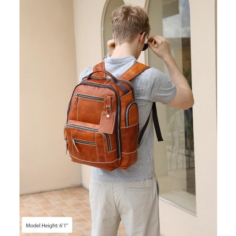 Ransel kulit asli untuk pria, ransel Laptop 15.6 ", tas punggung berkemah, ransel 24L