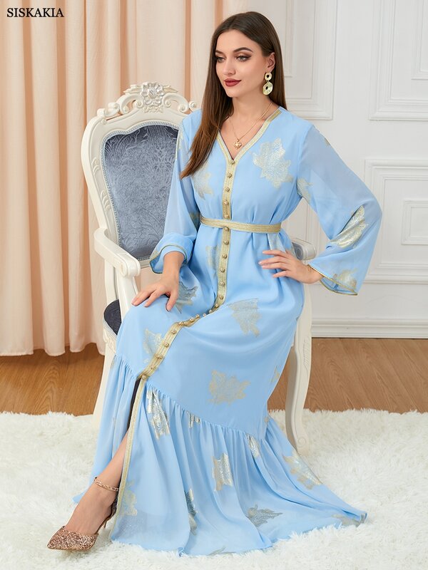 Abayas 여성용 두바이 2022 프린트 파티 드레스, 긴팔 V넥 버튼 테이프 트림, 벨트 카프탄 스플릿 밑단 의류