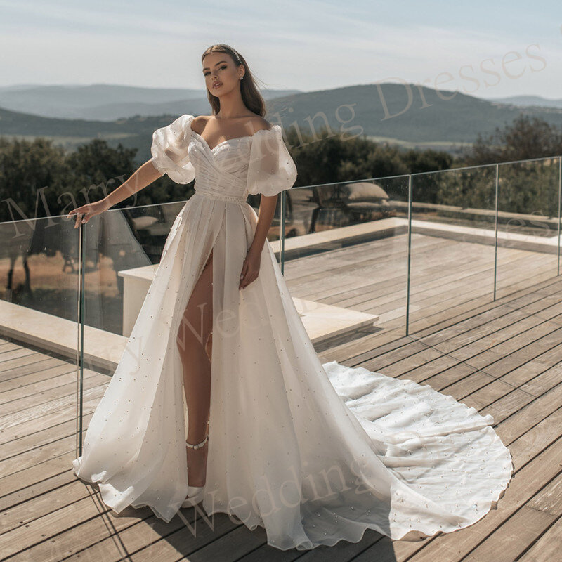Fashionable Graceful A Line Wedding Dresses Sweetheart Neck Off the Shoulder Bride Gowns New Front High Slit Short Puff Sleeve