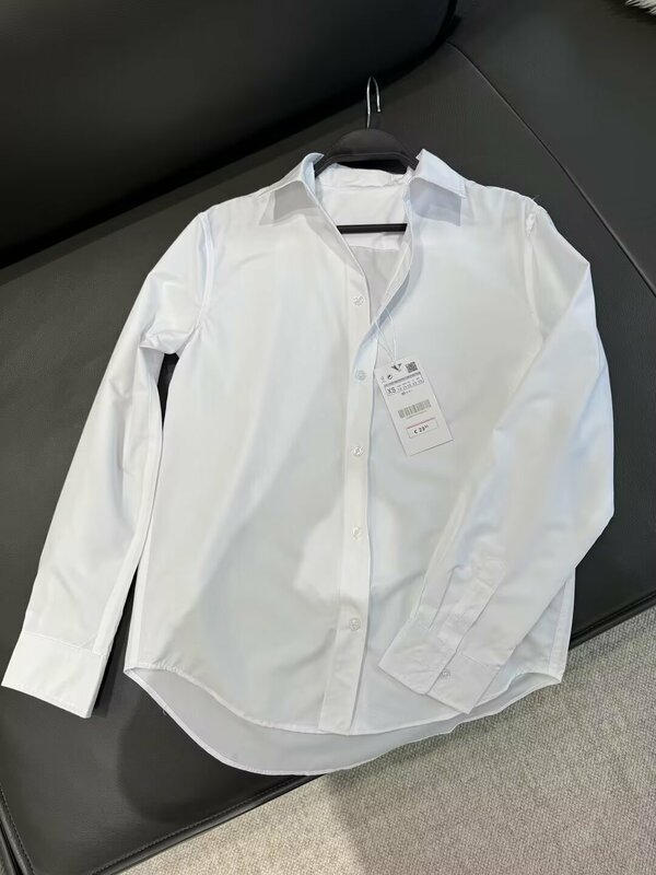 Women's new fashion asymmetrical hem loose basic style lapel poplin shirt retro long sleeved button up women's shirt chic top