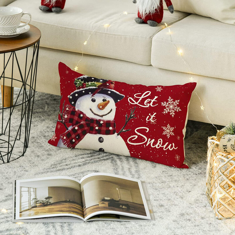 Funda de almohada de lino con estampado de Feliz Navidad, cubierta de cojín de sofá, decoración del hogar