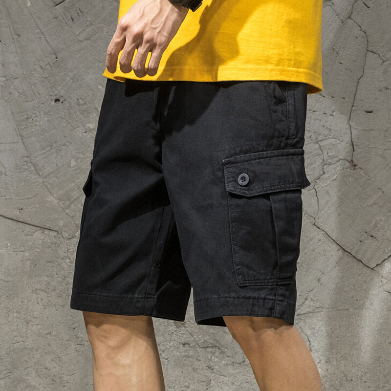 Verão masculino shorts moda solto multi-bolso shorts cor sólida tamanho grande esportes casual carga shorts caminhadas