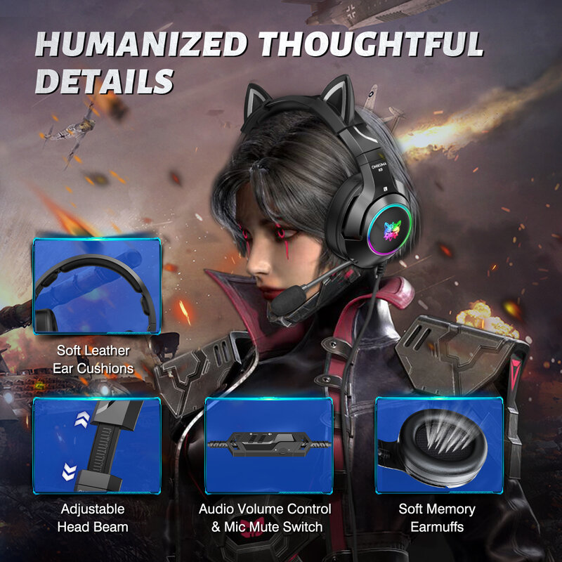 ONIKUMA-auriculares K9 RGB para juegos, cascos con orejas de gato desmontables, flexibles, HD, micrófono, para ordenador, PC