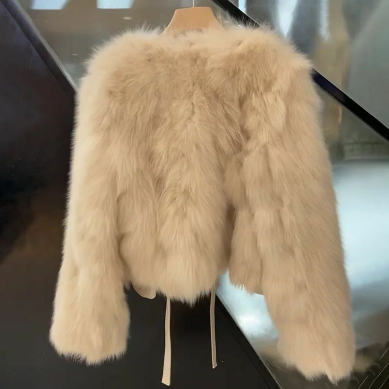 Casaco de couro feminino de pele de raposa, glamourosa jaqueta que combina com tudo, solto, grosso, quente, curto, outwear, outono, inverno, novo, 2023