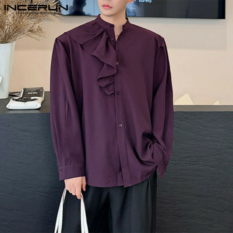 INCERUN 2024 koreański styl nowe męskie topy styl dworski nieregularne falbany designerskie koszule casualowa modna stójka S-5XL