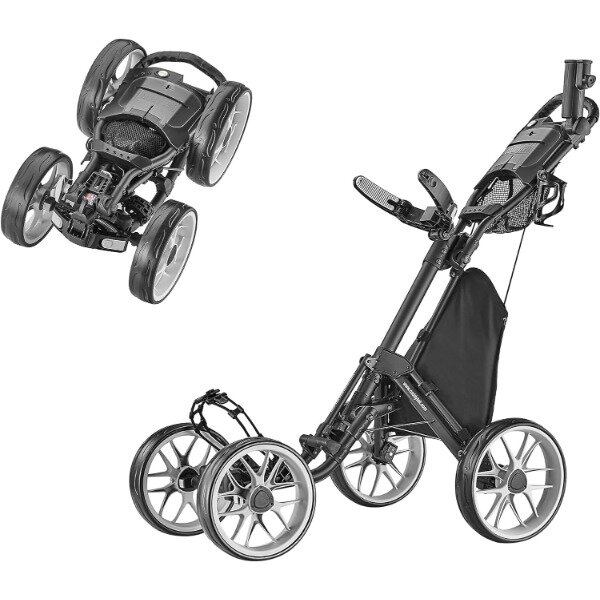 CaddyTek 4 Wheel Golf Push Cart - Caddycruiser One Version 8 1-Click Folding Trolley - Lightweight, Compact Pull Caddy Cart
