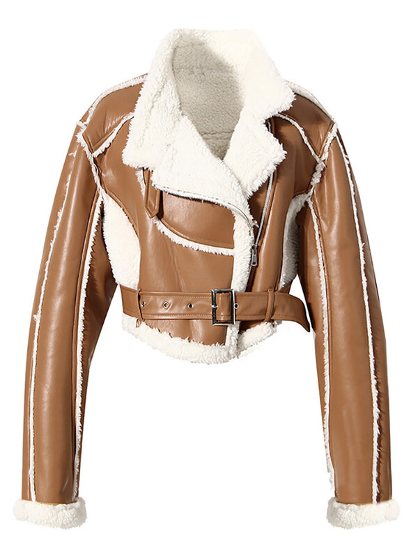2023 baru musim gugur dan musim dingin kerah lipat lengan penuh kulit PU jaket pinggang berkelompok mantel wanita pasang hangat WT418